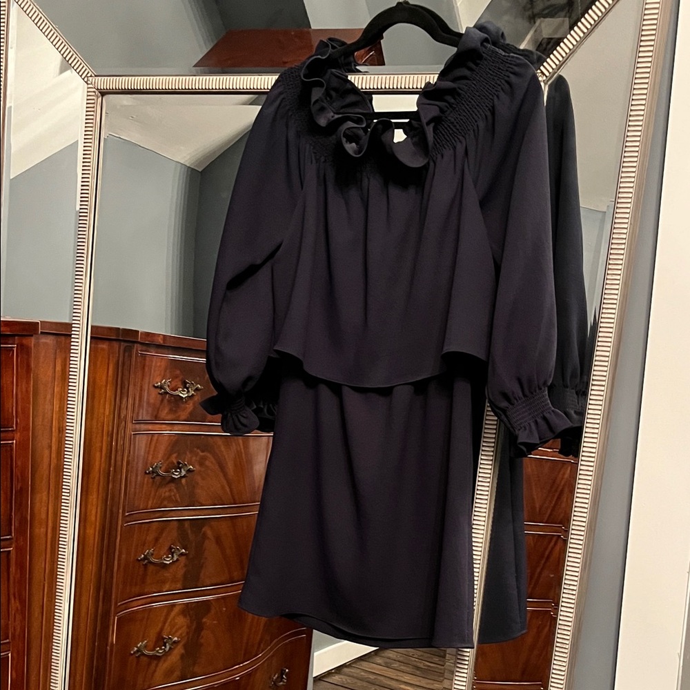 Diane Von Furstenberg Navy Ruffle-Neck 3/4 sleeve Dress